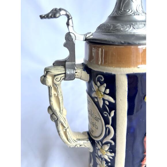 Ceramic Beer Stein, Metal Lid Covered, People Drinking Around Table, Germany - Picture 9 of 10